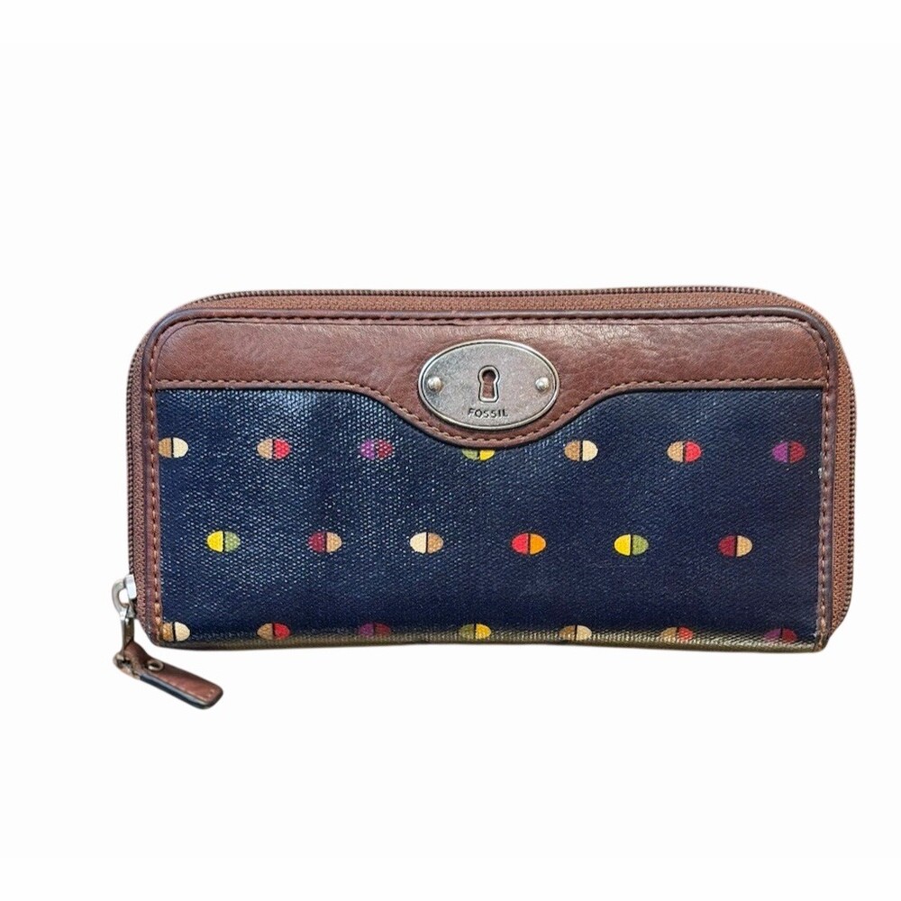 Fossil Key-Per Zip Around Dot Print Wallet In Navy Blue And Brown